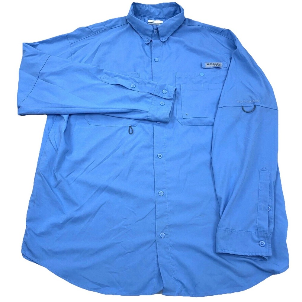 Columbia PFG Shirt Men XL Blue Button Up Performance Fish‎ Outdoor Camp Light *